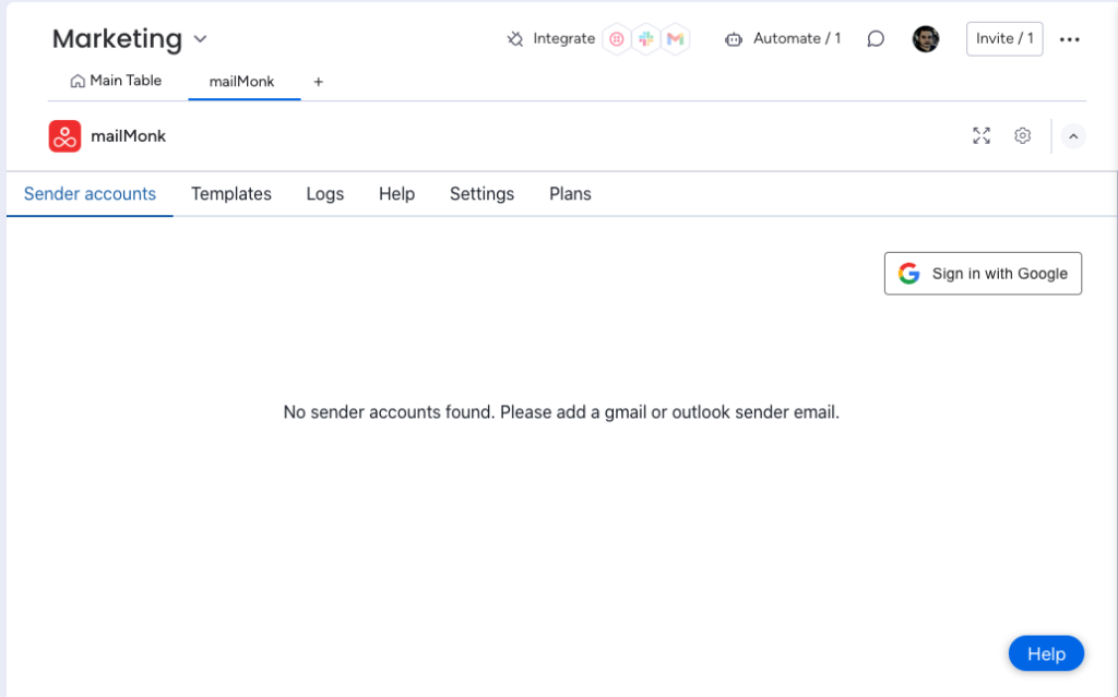 MailMonk empty email accounts page
