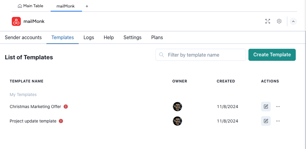 Templates list page